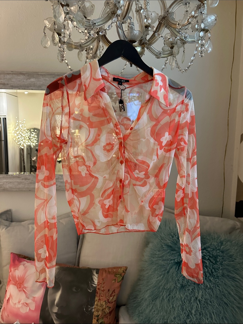 Sheer Floral Button-Front Women's Top in Coral White - Unknown Brand
